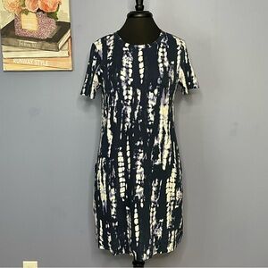 Ellen Tracy Indigo Blue & White Tie Dye w/ Pockets Women’s Dress Size Medium.